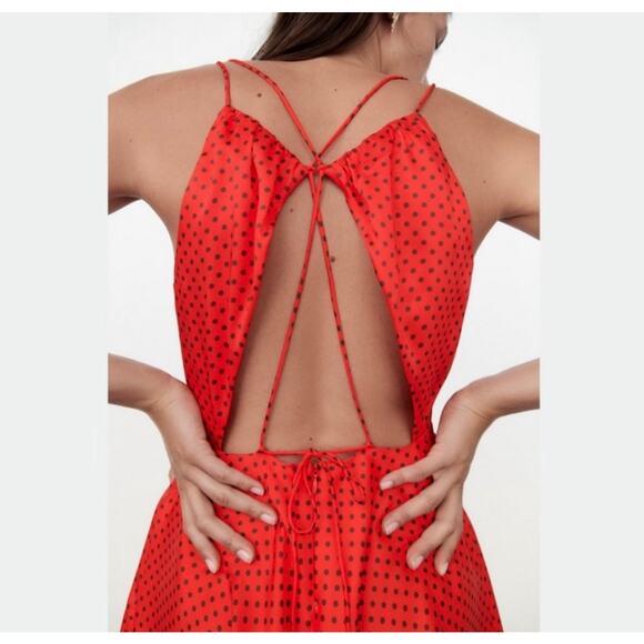ZARA Polka Dot Red Open Crossover Back Mini Cocktail Satin Dress Preppy Summer - Picture 3 of 16
